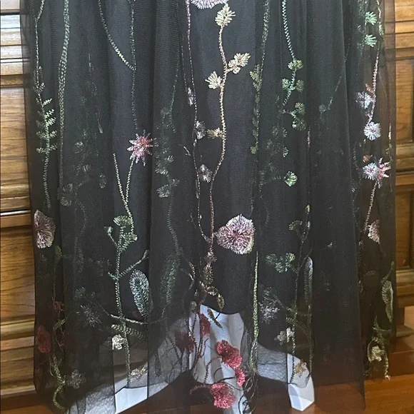 Black Tulle Embroidered Floral Maxi Skirt Romantic Sheer Overlay Boho NWOT Large - Picture 10 of 17